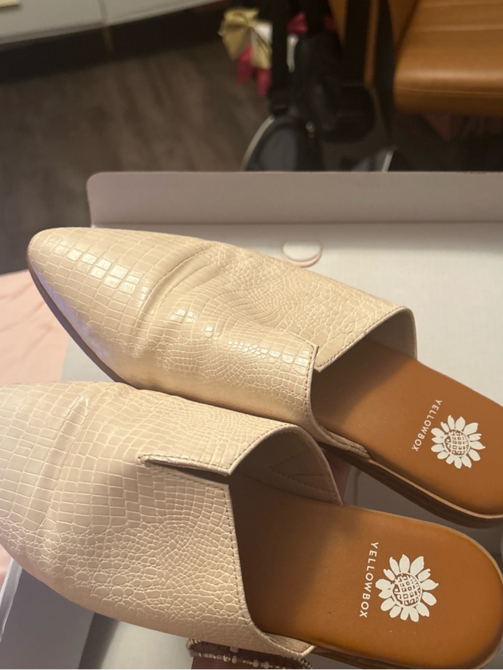 Yellow Box Cream Croc-Embossed Slip-On Mules